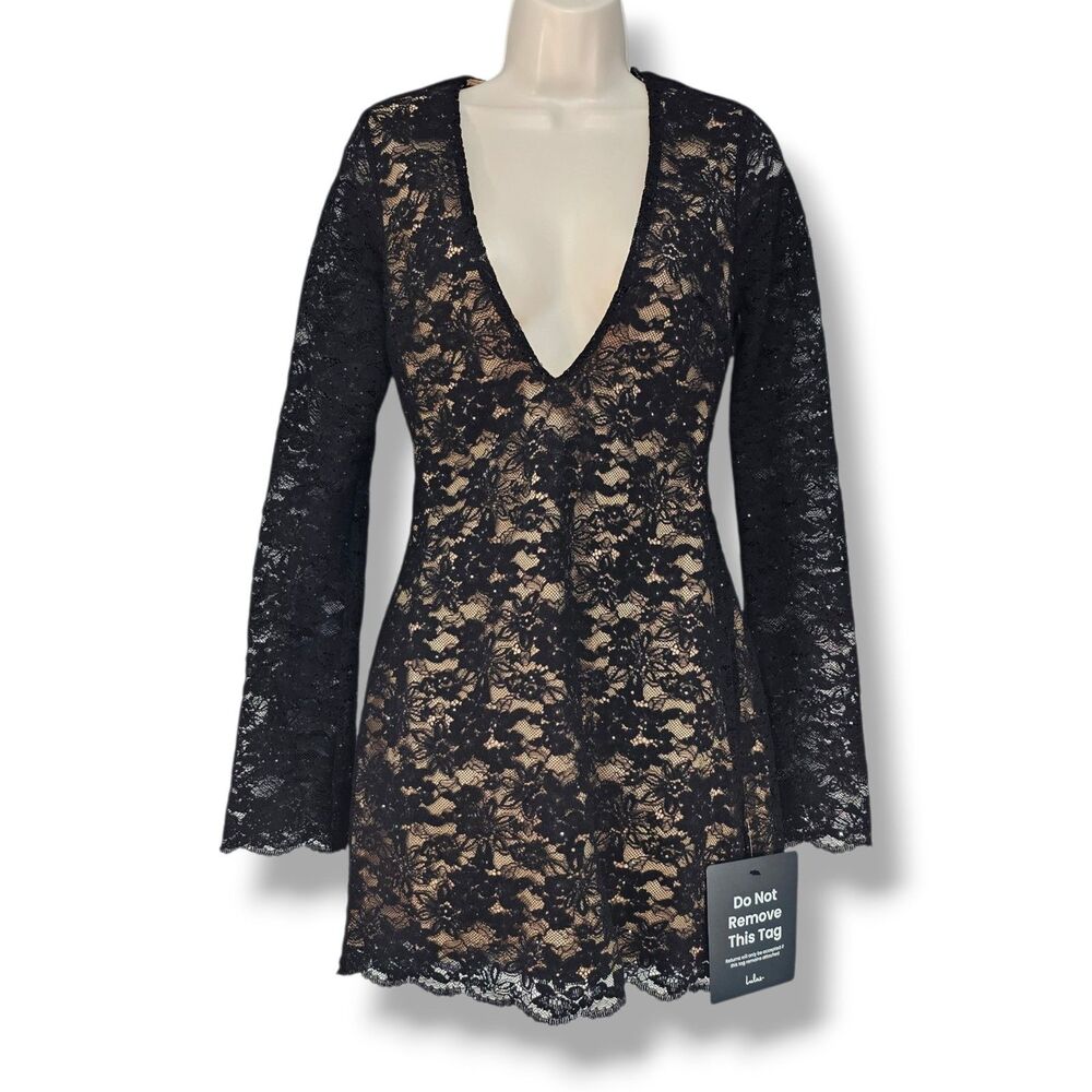 Lulus Black & Beige Floral Lace V-Neck Long Sleeve Bodycon Mini Dress Size S